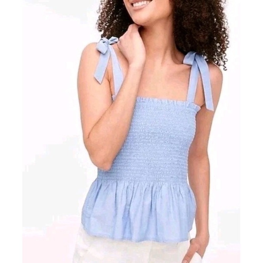J.Crew Smocked Tie Strap Peplum Tie Top Blue Cotton Sleeveless Size M Coastal - Picture 1 of 10